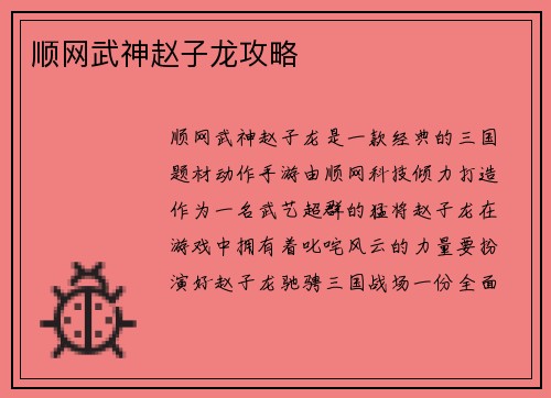 顺网武神赵子龙攻略
